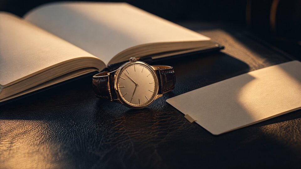 Open date book, wristwatch and boarding pass on a leather desk in low golden light
