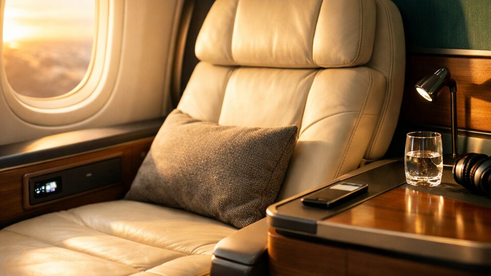 Premium business class airline seat beside a sunlit cabin window