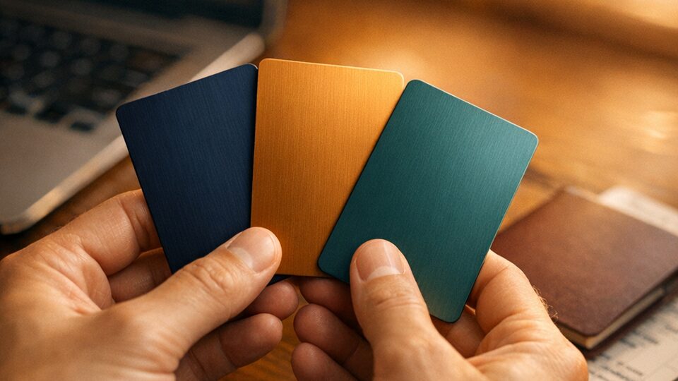 Hands holding three metal rewards cards in navy, amber and teal above a desk